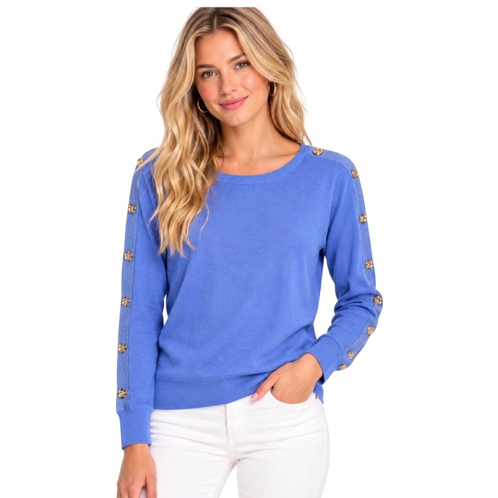 NWT Lilly Pulitzer Milton Sweater Blue Hyacinth Gold Button XS 000048